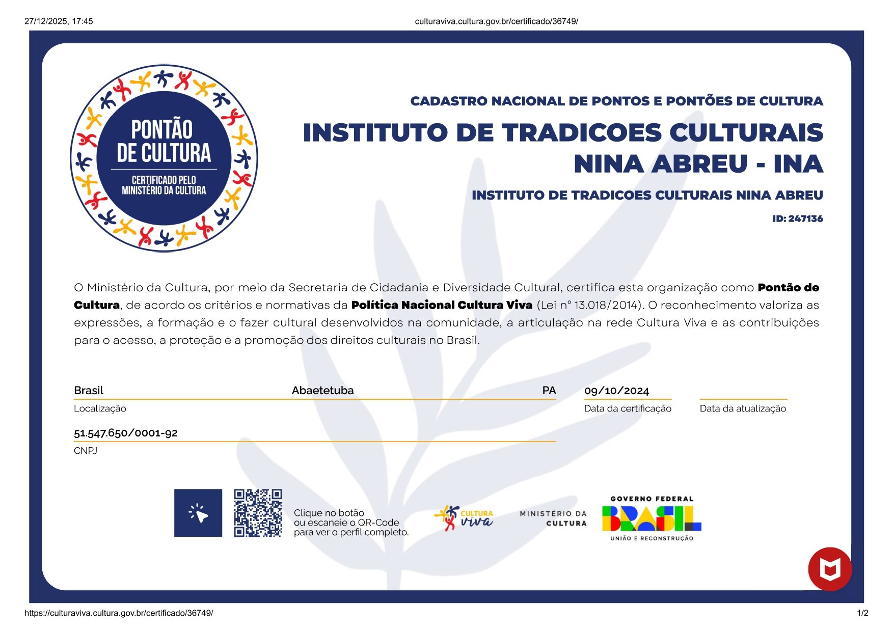 certificaÇÃo pontÃo de cultural